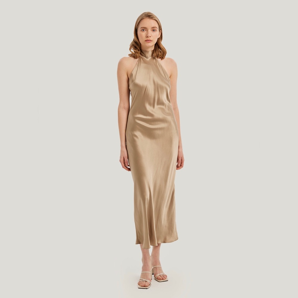 Gentle Herd Bow-Tie Halterneck 100% Silk Maxi Dress in Champagne